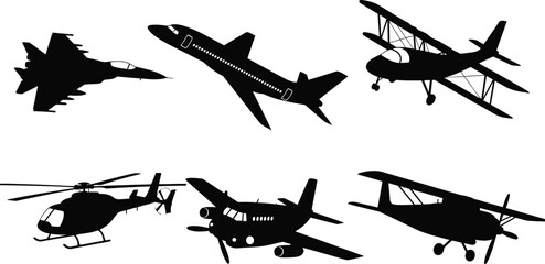 Collection of six diverse aircraft silhouettes, black vector icons of fighter jets, biplanes, and passenger planes isolated on white © Only