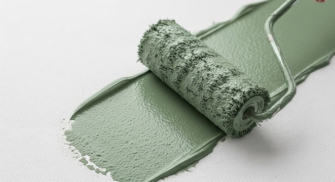 Close-up of a textured paint roller creating a thick, fresh stroke of sage green paint on a clean white background.