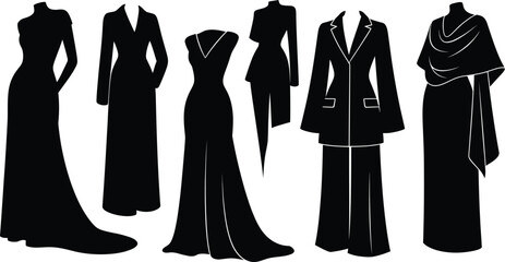 Collection of six elegant women's fashion silhouettes, black vector icons of evening dresses, formal coats, and jumpsuits isolated on white.