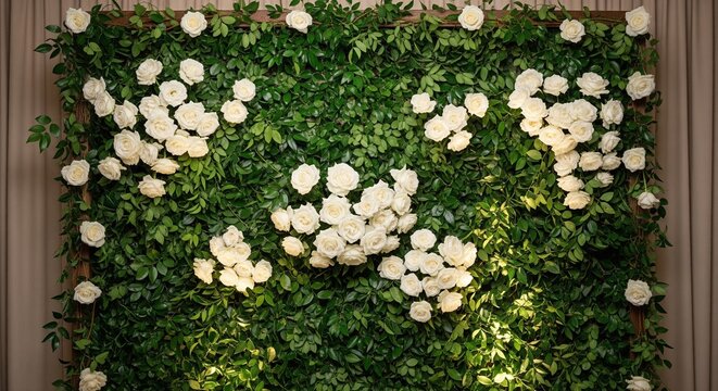 A lush green foliage wall panel decorated with clusters of white roses. This botanical backdrop is ideal for weddings, luxury events, and photo booth backgrounds, offering a romantic and sophisticated