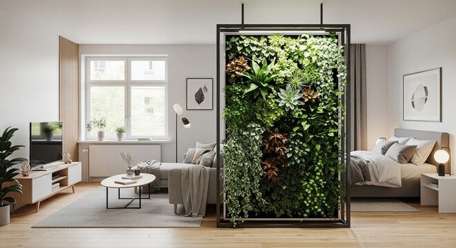A stylish open-plan studio apartment using a lush double-sided vertical garden in a black metal frame to separate the living area from the bedroom. The design maximizes space while bringing natural el