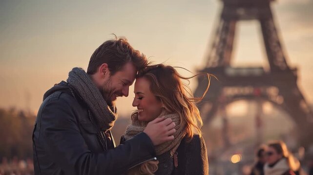 Happy couple sharing a romantic moment in Paris near the Eiffel Tower during sunset, enjoying their love and the beautiful scenery together