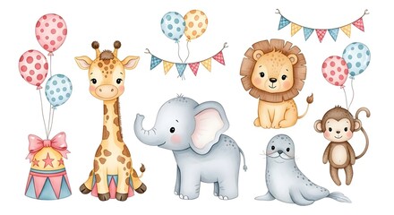 Fototapeta premium Cute circus animals set, watercolor illustrations for nursery. Baby giraffe, lion, elephant, seal and monkey with balloons and garlands. Hand drawn circus clipart collection isolated on white.