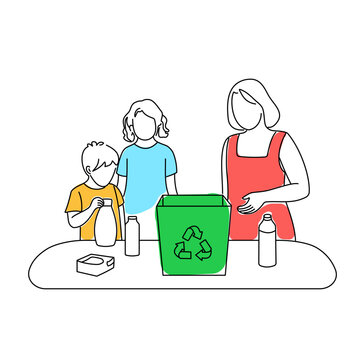 Mother teaching children to recycle plastic bottles and packaging at home. Family sorting waste into green recycling bin, environmental education concept.