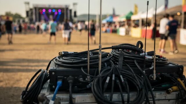 Medium shot of a transportable studio setup featuring cables and antennas focused against outoffocus festival grounds bustling with attendees and activities.