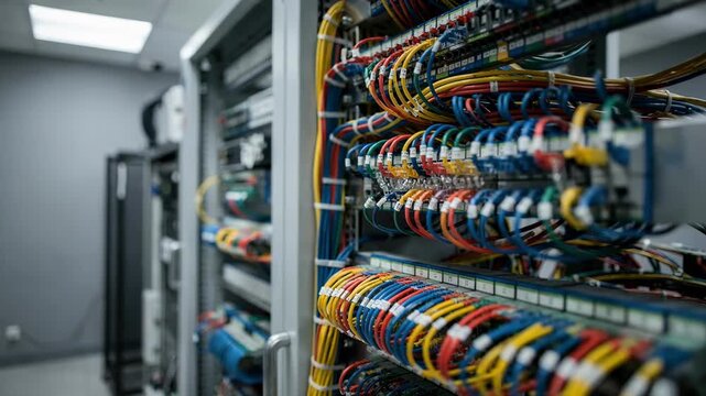 Medium shot of a small office server room showcasing organized structured cabling racks with colorful patch panels sharply in focus and blurred background equipment.