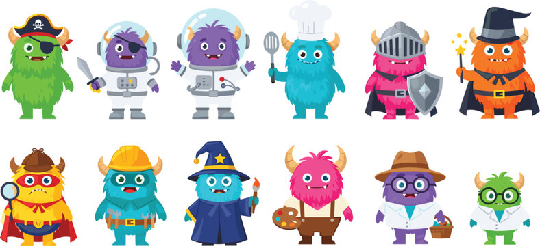 Cute Cartoon Monster Characters with Different Professions Including Pirate Astronaut Chef Knight Wizard Artist Scientist and Superhero Fantasy Mascot Vector Set