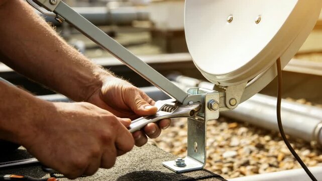 Medium shot of a worker securing a microwave dish bracket on a rooftop focusing on the hands and tools with the background rooftop blurred.