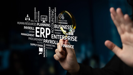 A business professional examines components of enterprise resource planning systems using a...