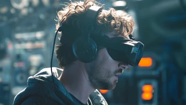 Man engaged in virtual reality experience in a modern studio environment with advanced technology and immersive surroundings