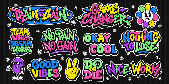 A set of colorful graffiti art sticker illustrations. Cool groovy retro sticker pack vector illustration