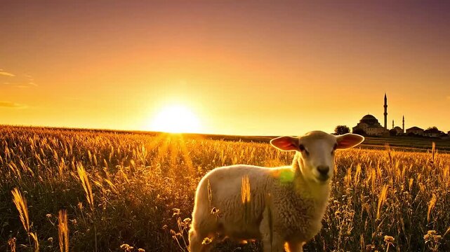 Eid al Adha lamb village field sunset islamic festival spirituality pastoral landscape copyspace