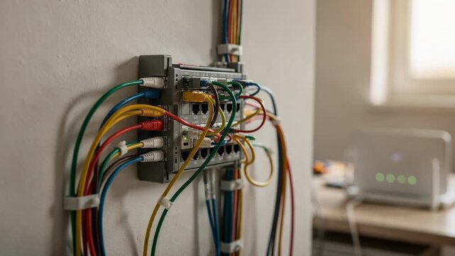 Sharp view of a fiber optic terminal and cable management in a singlefamily home with the router and background softly blurred.