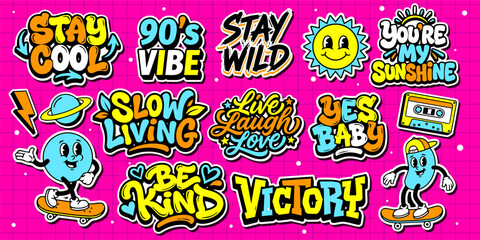 Obraz premium A set of colorful graffiti art sticker illustrations. Cool groovy retro sticker pack vector illustration