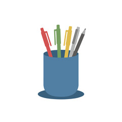 A simple flat vector illustration of a blue pen holder filled with a variety of colorful pens and one pencil on a white background.
