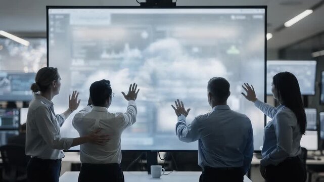 Medium shot capturing operators interacting with cloud transcoding dashboards main touch screen crystal clear environment softly blurred.