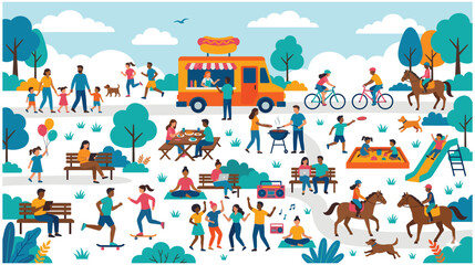 Outdoor park activities with people enjoying food, sports and relaxation © GW