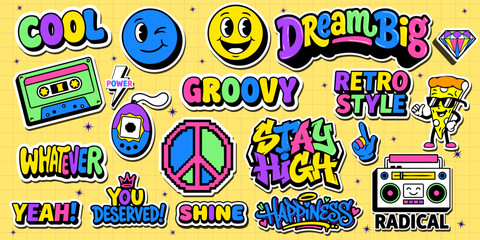 A set of colorful graffiti art sticker illustrations. Cool groovy retro sticker pack vector illustration