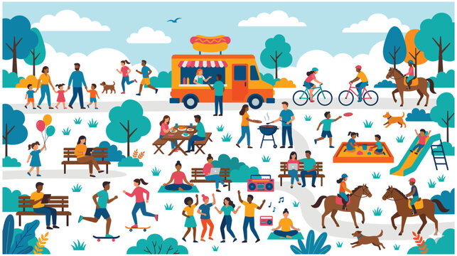 Outdoor park activities with people enjoying food, sports and relaxation