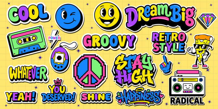 A set of colorful graffiti art sticker illustrations. Cool groovy retro sticker pack vector illustration