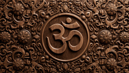 Obraz premium Ancient Om Wood Carving Relief – Asian Sacred Ornament Fusion with Thai Kranok, Lotus, Mandala, Clouds and Waves