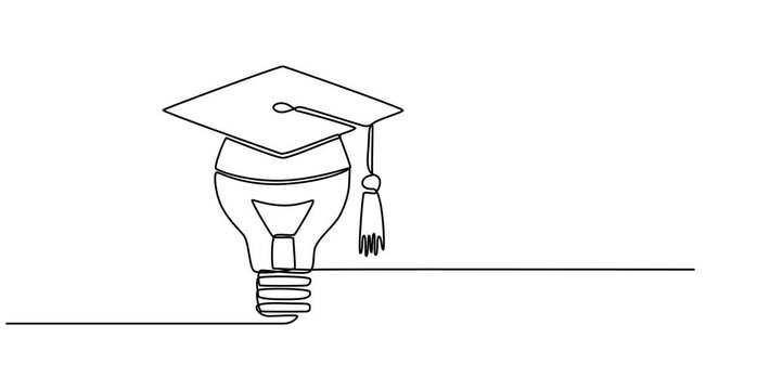 Self drawing animation one line light bulb wearing graduation cap hat, continuous one line smart education academy icon concept 4k video animation.