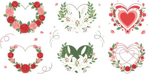 Romantic floral heart frames set with roses and lilies, elegant love wreaths and botanical decorations for wedding, Valentine and greeting design © Jahangir