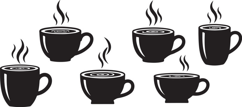 Steaming hot coffee cups in a simple black design