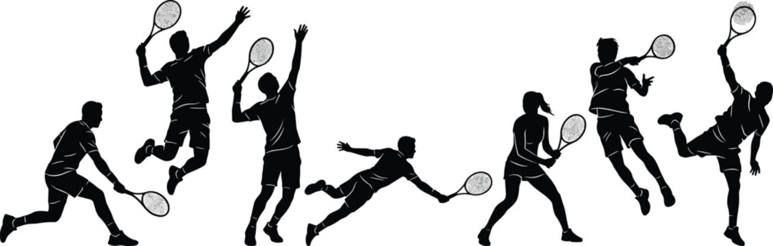 Tennis players silhouettes collection featuring male and female athletes hitting serve volley and smash shots for sports competition design isolated on white