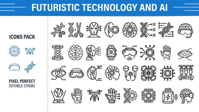 Futuristic Technology and AI Outline Vector Icon Set &mdash; Robotics, AI, Smart Devices, VR, AR, IoT, Biotechnology, Wearables, Editable Stroke Icons