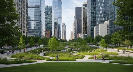 Obraz premium A scenic view of a lush urban park featuring walking paths and cyclists set against tall skyscrapers