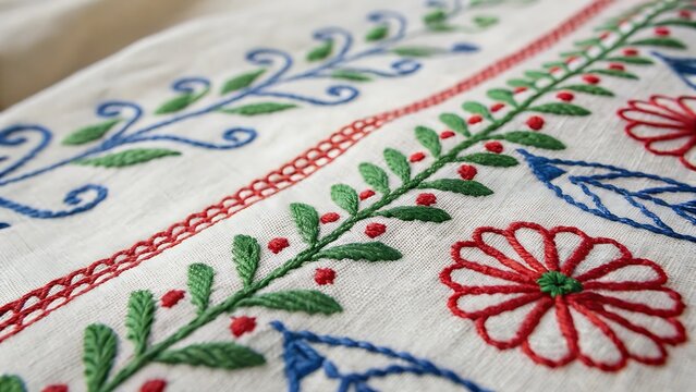 Traditional Bangladeshi Nakshi Kantha Hand Embroidery Stitching with Colorful Thread Floral Pattern on White Fabric