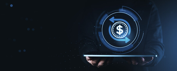 Digital currency transfer symbol glowing in futuristic interface above a handheld device showcasing modern financial technology. © ImageFlow