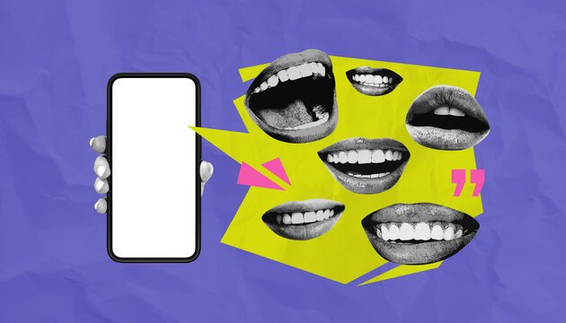 Smartphone mockup with collage of expressive lips and chat symbols on vibrant abstract background illustrating digital talk concept.