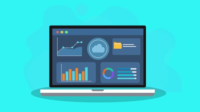 Animated laptop displaying data analytics dashboard with charts, graphs, user panel, and folder interface. Concept of digital analytics, document organization, business monitoring, and data visualizat