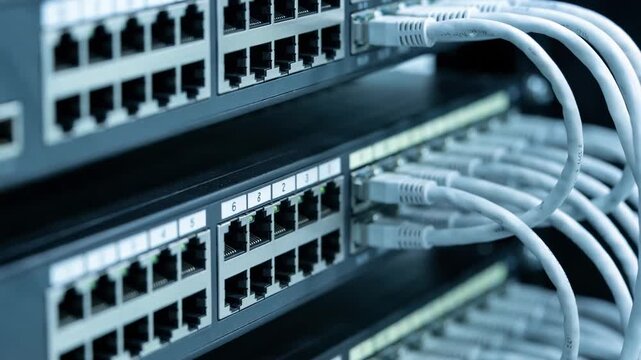 Medium shot of an organized telecom equipment room in a data center focusing on rackmounted patch panels with cables out of focus.