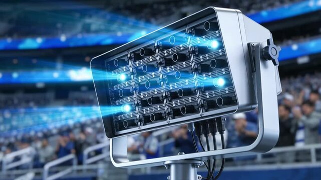 Medium shot of a smart antenna beamforming array mounted in a stadium focusing sharply on the panel while the blurred crowd illustrates dynamic signal steering for enhanced