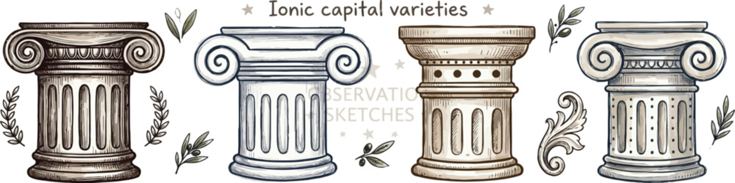 Ancient Greek and Roman column capitals set, classical architecture Ionic Corinthian Doric pillars line vector illustration collection isolated
