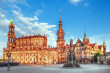 Fototapeta premium Historic Dresden city skyline with baroque architecture and old town buildings along the Elbe River in Saxony, Germany, scenic European cityscape and popular travel destination with cultural heritage 