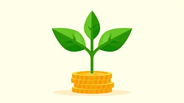 Financial Growth and Sustainable Investment Animation: Green Sprout Growing from a Stack of Gold Coins