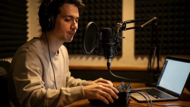 Solo podcaster adjusting mixer settings in a small intimate recording booth featuring outoffocus acoustic panels and a laptop.