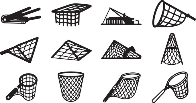 Collection of various fishing nets and strainers illustration set