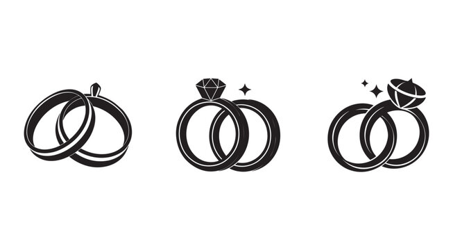 Wedding rings with and without diamond engagement symbol  marriage couple love commitment promise  three pairs of interlocking circular shiny metal bands