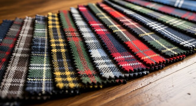 Various tartan fabric swatches (plaids) fanned out on a table.