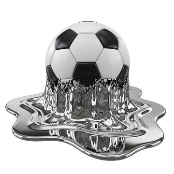 Isolated 3D soccer ball smoothly melting into a puddle of thick reflective chrome liquid, transparent background