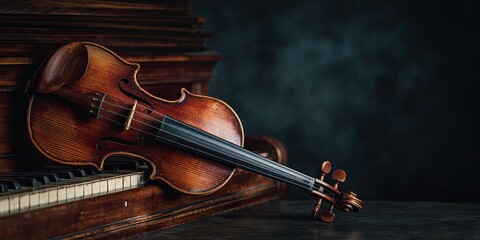 Fototapeta premium Violin against a piano background. Copy space. Dark background.