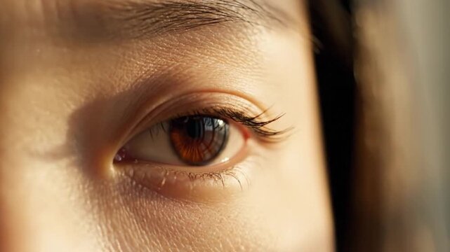 Extreme close-up of a human eye reflecting the soft morning light through a window.
