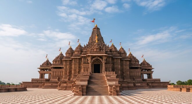 Grand Sandstone Hindu Temple Architecture, Traditional Indian Mandir Exterior