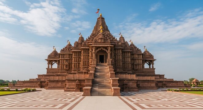 Grand Sandstone Hindu Temple Architecture, Traditional Indian Mandir Exterior