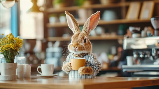 Cute Easter Bunny Drinking Coffee In Cafe Wearing Shirt